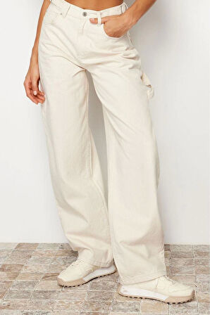 Kadın Moda Şık Kot Pantolon Boru Paça Regular Boy Denim Kahverengi Bol Kesim Yüksek Bel Jeans