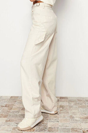 Kadın Moda Şık Kot Pantolon Boru Paça Regular Boy Denim Kahverengi Bol Kesim Yüksek Bel Jeans