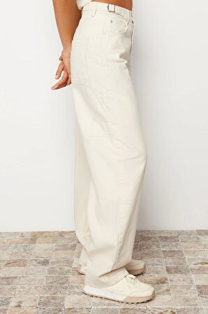 Kadın Moda Şık Kot Pantolon Boru Paça Regular Boy Denim Kahverengi Bol Kesim Yüksek Bel Jeans