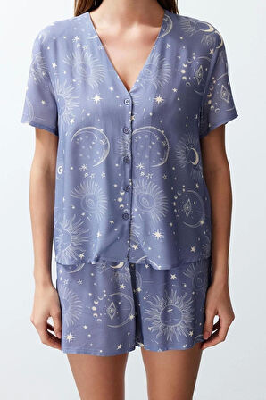 Kadın Viskon V Yaka Kısa Kol Kadın Couple Çift Galaksi Desenli Viskon Dokuma Pijama Takımı