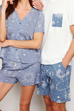 Kadın Viskon V Yaka Kısa Kol Kadın Couple Çift Galaksi Desenli Viskon Dokuma Pijama Takımı