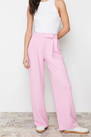 Kadın Geniş Paça Uzun Boy Örme Kahverengi Leopar Desenli Kemeri Cırtlı Yüksek Bel Pileli Pantolon