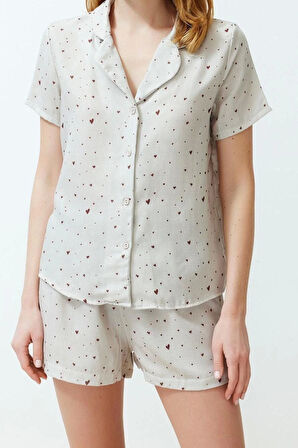 Kadın %100 Pamuk Gömlek Yaka Kısa Kol %100 Pamuk Kalp Desenli Müslin Dokuma Pijama Takımı