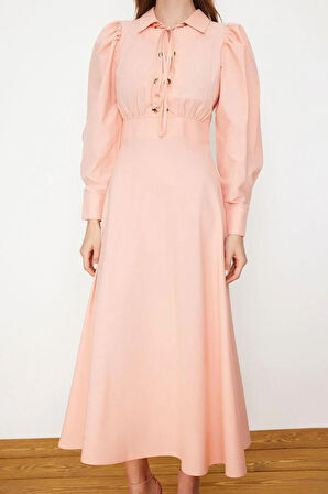 Yeni Regular Casual Günlük Poplin Dokuma Gömlek Yaka Uzun Kol A-Line Maxi Boy Tesettür Elbise