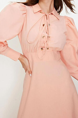 Yeni Regular Casual Günlük Poplin Dokuma Gömlek Yaka Uzun Kol A-Line Maxi Boy Tesettür Elbise