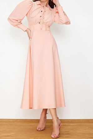 Yeni Regular Casual Günlük Poplin Dokuma Gömlek Yaka Uzun Kol A-Line Maxi Boy Tesettür Elbise