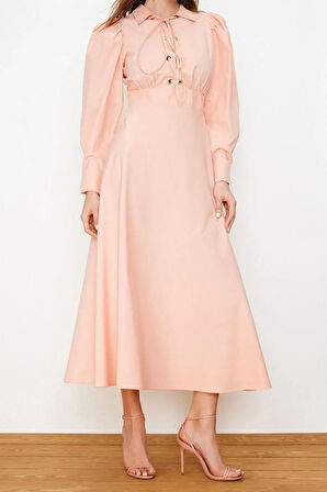 Yeni Regular Casual Günlük Poplin Dokuma Gömlek Yaka Uzun Kol A-Line Maxi Boy Tesettür Elbise