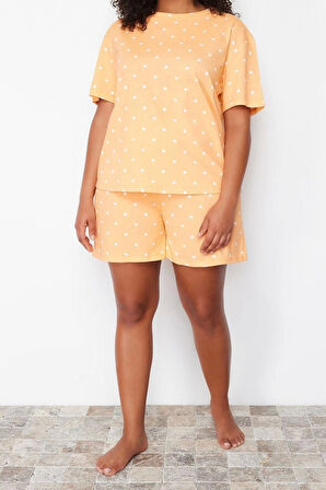 Büyük Beden Kadın Pamuklu Bisiklet Yaka Kısa Kol Ayıcık Baskılı Örme Pijama Takımı