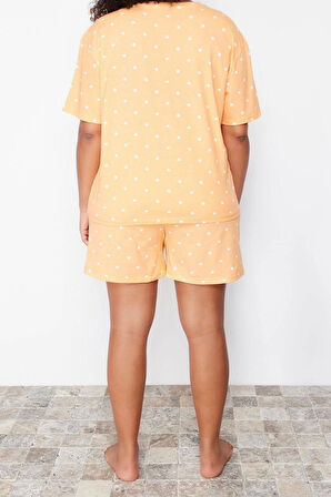 Büyük Beden Kadın Pamuklu Bisiklet Yaka Kısa Kol Ayıcık Baskılı Örme Pijama Takımı