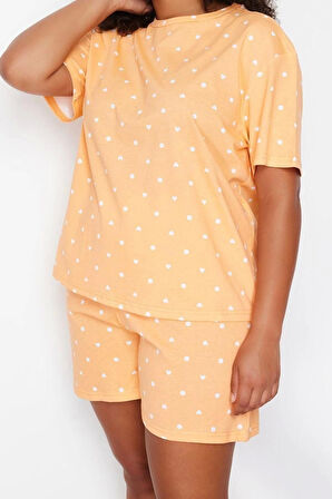 Büyük Beden Kadın Pamuklu Bisiklet Yaka Kısa Kol Ayıcık Baskılı Örme Pijama Takımı