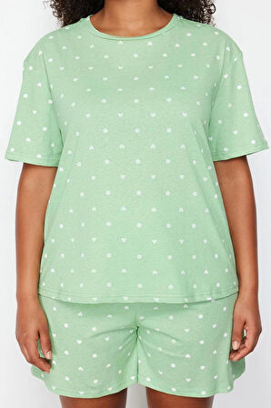 Büyük Beden Kadın Pamuklu Bisiklet Yaka Kısa Kol Ayıcık Baskılı Örme Pijama Takımı