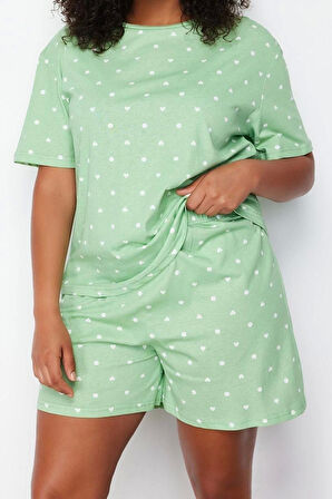 Büyük Beden Kadın Pamuklu Bisiklet Yaka Kısa Kol Ayıcık Baskılı Örme Pijama Takımı