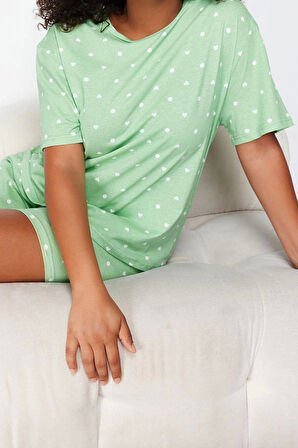 Büyük Beden Kadın Pamuklu Bisiklet Yaka Kısa Kol Ayıcık Baskılı Örme Pijama Takımı