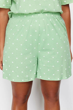 Büyük Beden Kadın Pamuklu Bisiklet Yaka Kısa Kol Ayıcık Baskılı Örme Pijama Takımı