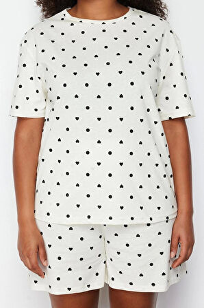 Büyük Beden Kadın Pamuklu Bisiklet Yaka Kısa Kol Ayıcık Baskılı Örme Pijama Takımı