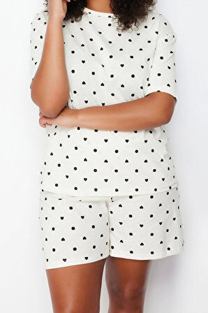 Büyük Beden Kadın Pamuklu Bisiklet Yaka Kısa Kol Ayıcık Baskılı Örme Pijama Takımı