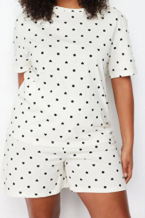 Büyük Beden Kadın Pamuklu Bisiklet Yaka Kısa Kol Ayıcık Baskılı Örme Pijama Takımı