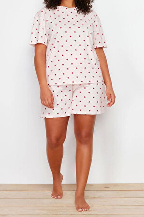 Büyük Beden Kadın Pamuklu Bisiklet Yaka Kısa Kol Ayıcık Baskılı Örme Pijama Takımı