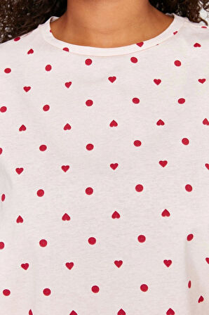 Büyük Beden Kadın Pamuklu Bisiklet Yaka Kısa Kol Ayıcık Baskılı Örme Pijama Takımı