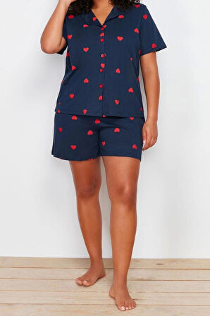 Büyük Beden Kadın Pamuklu Gömlek Yaka Kısa Kol Kalp Desenli Örme Pijama Takımı