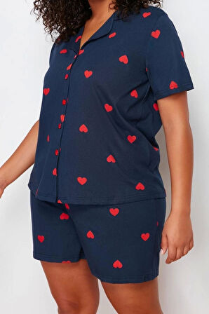 Büyük Beden Kadın Pamuklu Gömlek Yaka Kısa Kol Kalp Desenli Örme Pijama Takımı