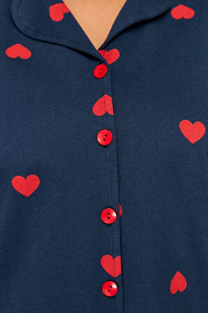 Büyük Beden Kadın Pamuklu Gömlek Yaka Kısa Kol Kalp Desenli Örme Pijama Takımı