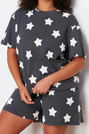 Büyük Beden Kadın Pamuklu Bisiklet Yaka Kısa Kol Yıldız Baskılı Örme Pijama Takımı