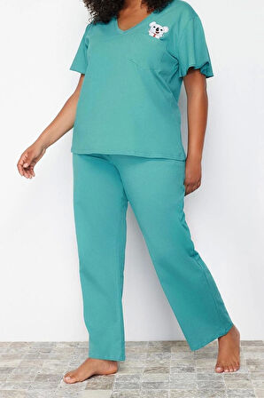 Büyük Beden Kadın Pamuklu V Yaka Kısa Kol Koala Baskılı Örme Pijama Takımı