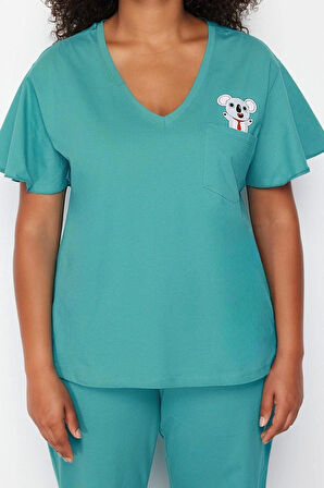 Büyük Beden Kadın Pamuklu V Yaka Kısa Kol Koala Baskılı Örme Pijama Takımı