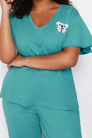 Büyük Beden Kadın Pamuklu V Yaka Kısa Kol Koala Baskılı Örme Pijama Takımı
