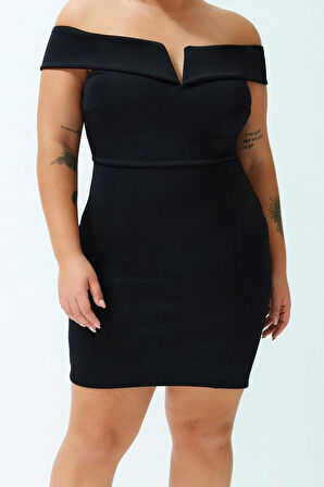 Kadın Moda Şık Büyük Beden Mini Boy V Yaka Fitted Çift Kat Yaka Detaylı Örme Elbise