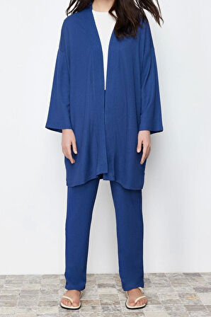 Kadın Moda Şık Regular Boy Oversize Dokulu Bürümcük Örme Kimono Pantolon Alt-Üst Takım