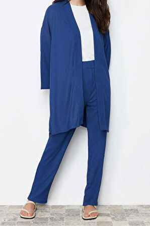 Kadın Moda Şık Regular Boy Oversize Dokulu Bürümcük Örme Kimono Pantolon Alt-Üst Takım