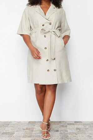 Yeni Business Keten Görünümlü Dokuma Ceket Yaka Kısa Kol Ceket Elbise Midi Boy Büyük Beden Elbise