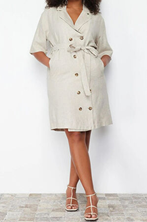 Yeni Business Keten Görünümlü Dokuma Ceket Yaka Kısa Kol Ceket Elbise Midi Boy Büyük Beden Elbise