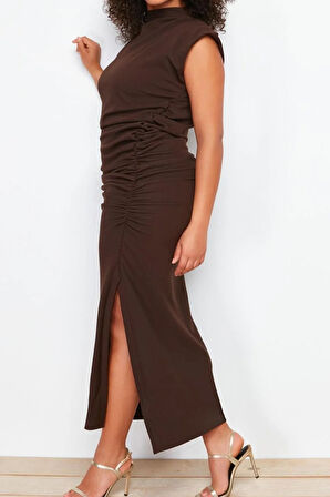 Yeni Büyük Beden Abiye Krep Örme Dik Yaka Kolsuz Kol Bodycone Midi Boy Büyük Beden Elbise