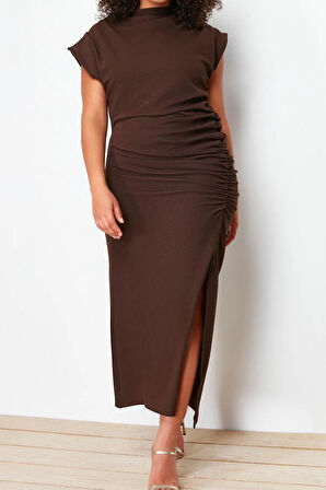 Yeni Büyük Beden Abiye Krep Örme Dik Yaka Kolsuz Kol Bodycone Midi Boy Büyük Beden Elbise