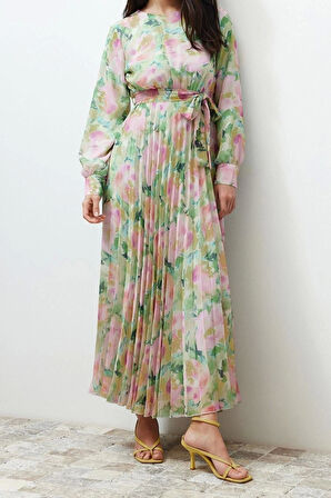 Yeni Regular Casual Günlük Şifon Dokuma Bisiklet Yaka Uzun Kol A-Line Maxi Boy Tesettür Elbise