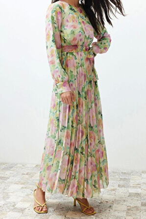 Yeni Regular Casual Günlük Şifon Dokuma Bisiklet Yaka Uzun Kol A-Line Maxi Boy Tesettür Elbise