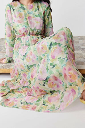 Yeni Regular Casual Günlük Şifon Dokuma Bisiklet Yaka Uzun Kol A-Line Maxi Boy Tesettür Elbise