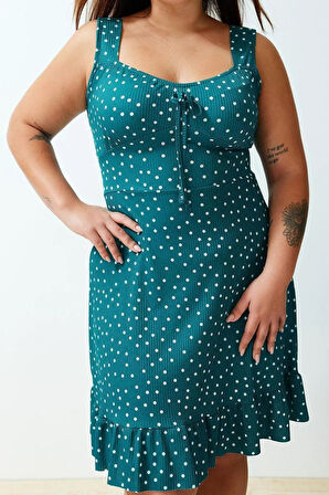 Yeni Fit Casual Günlük Kaşkorse Örme Kare Yaka Askılı Kol A-Line Mini Boy Büyük Beden Elbise