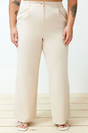 Kadın Yeni Moda Büyük Beden Geniş Paça Regular Boy Dokuma Yüksek Bel Geniş Paça Pilili Pantolon