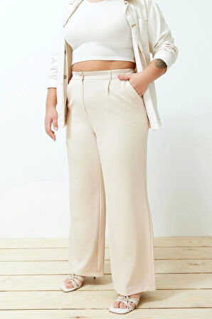 Kadın Yeni Moda Büyük Beden Geniş Paça Regular Boy Dokuma Yüksek Bel Geniş Paça Pilili Pantolon