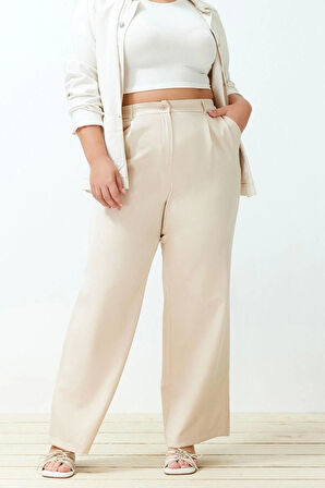 Kadın Yeni Moda Büyük Beden Geniş Paça Regular Boy Dokuma Yüksek Bel Geniş Paça Pilili Pantolon