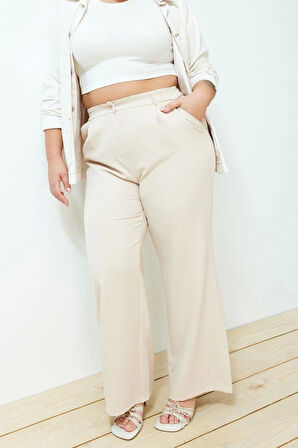 Kadın Yeni Moda Büyük Beden Geniş Paça Regular Boy Dokuma Yüksek Bel Geniş Paça Pilili Pantolon