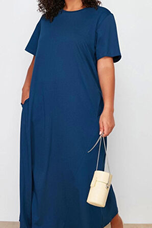 Kadın Moda Şık Büyük Beden Midi Boy Bisiklet Yaka Relaxed Örme T-shirt Elbise