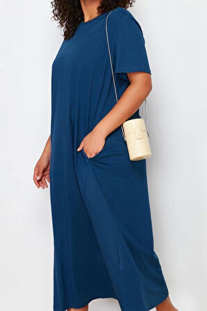 Kadın Moda Şık Büyük Beden Midi Boy Bisiklet Yaka Relaxed Örme T-shirt Elbise