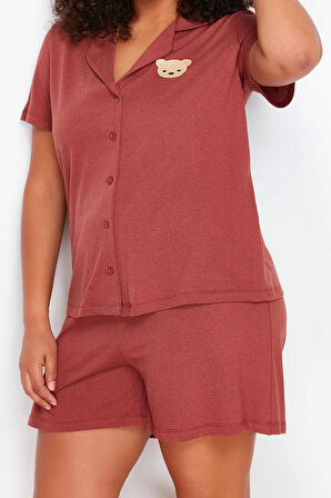 Büyük Beden Kadın Pamuklu Gömlek Yaka Kısa Kol Pamuklu Ayıcık Nakışlı Örme Pijama Takımı