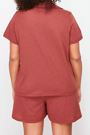 Büyük Beden Kadın Pamuklu Gömlek Yaka Kısa Kol Pamuklu Ayıcık Nakışlı Örme Pijama Takımı