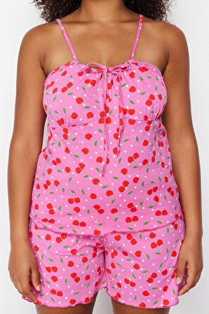 Kadın Moda Şık Büyük Beden Straplez Boru Paça Uzun Kol Pamuklu Kirazlı Örme Pijama Takımı
